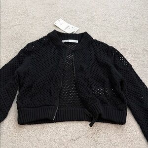 Zara Black Open-Weave Bomber Jacket